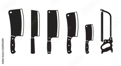Meat Cleaver Knife Icon Set, Professional Butcher Tools and Kitchen Equipment, Black Silhouette Vector Illustrations on White Background for Restaurant Menu Design or Culinary Branding and Food Indust