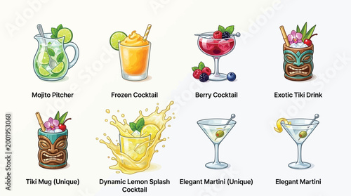 A vibrant collection of eight distinct cocktail illustrations, showcasing a variety of refreshing beverages and unique drinkware.