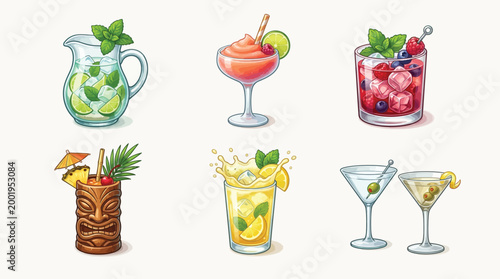 A vibrant collection of six distinct alcoholic and non-alcoholic beverages, artfully illustrated with fresh garnishes and ice.