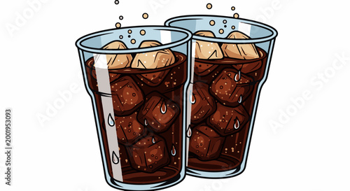 Two refreshing cold beverages with ice cubes and bubbles in clear glasses