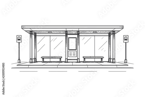 Public bus stop shelter vector illustration with bench and signage in detailed hand drawn line art style for urban transport and city infrastructure