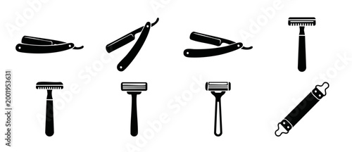 Straight Razor and Safety Razor Icon Set for Men Grooming and Barber Shop Design, Professional Shaving Tools Collection in Minimalist Black Silhouette Style for Barbershop Branding and Website Element