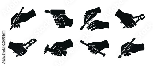 Hands holding construction tools icon set, black silhouettes of manual workers and professional equipment for repair, building maintenance, DIY projects, manufacturing, technical labor and assembly ta