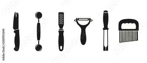 Kitchen Utensils Set Icons for Vegetable and Fruit Preparation, Professional Culinary Tools Collection, Minimalist Black Silhouette Vector Graphics for Cooking Recipes, Restaurant Menu and Food Design