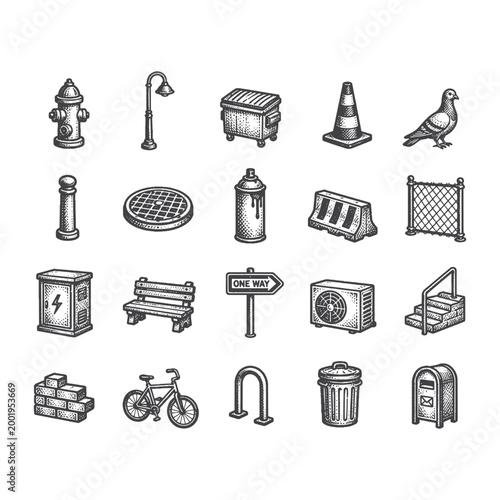 Urban city objects vector illustration set featuring fire hydrant bench and street signs in minimalist hand drawn line art style for graphic resources