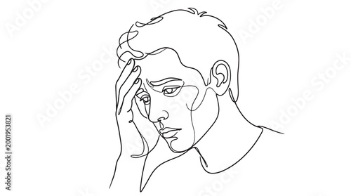 A single line illustration depicting a person experiencing distress or sadness with their hand on their forehead, conveying emotional pain