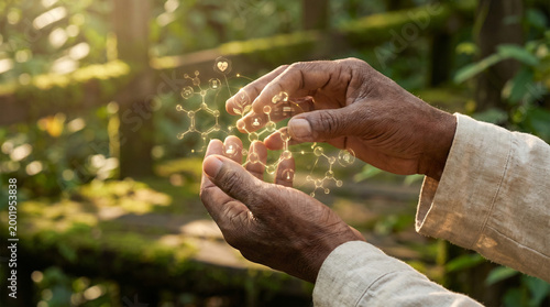 Hands holding bubbles in sunlight against a natural background  