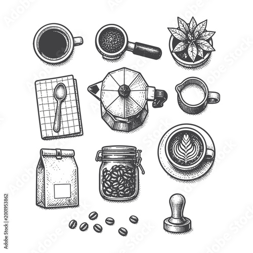 Barista tools and coffee icon vector illustration set featuring portafilter tamper and jars in hand drawn line art style for coffee shop menu