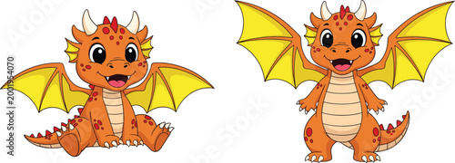Cute baby dragon cartoon characters with wings and smiling expressions isolated on white fantasy creature vector illustration set for kids design