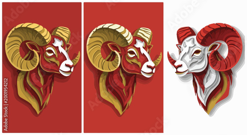 Elegant paper cut style vector illustration featuring majestic ram heads with curved horns for decorative use