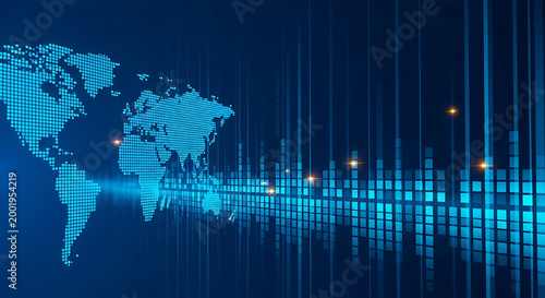 Abstract global digital world map with vertical data streaming lines streaming technology connectivity information communication abstract background internet infrastructure