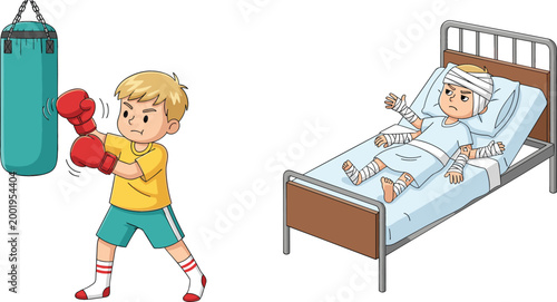 Child boxing training with punching bag showing strength and aggression contrasted with injured boy in hospital bed cartoon vector illustration concept