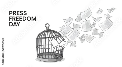 Freedom of Press Day Concept with Papers Escaping a Broken Cage