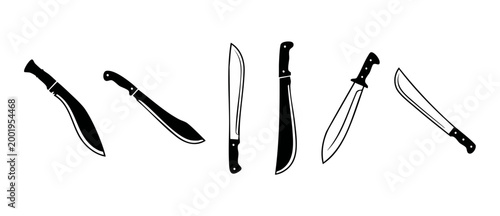 Machete knife icon set, various blade shapes for agriculture and jungle survival, minimalist black silhouette vector collection isolated on a white background for gardening tools and outdoor equipment