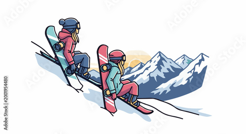 Two snowboarders pause on a snowy slope with mountains in the background