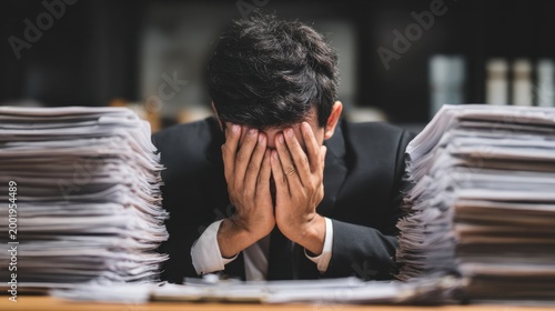 Overwhelmed Businessman: A burdened businessman, buried under a mountain of paperwork, succumbs to the pressures of his work, illustrating the struggle and stress of a demanding career.