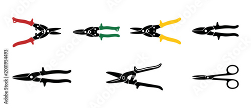 Metal snips and tin shears icon set for industrial work, professional hand tools collection for cutting sheet metal, steel, and aluminum construction materials, isolated on a clean white background.