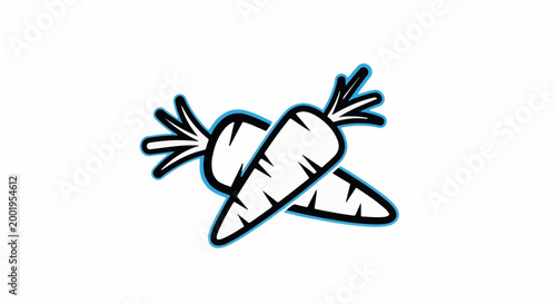 Two stylized carrots with black outlines and blue accents cross