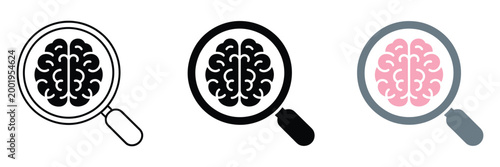 Magnifying glass brain icon, search intelligence symbols, analysis thinking graphics, research mind concept, vector illustration