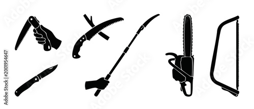 Saw and Cutting Tool Icons Set for Gardening and Construction, professional black silhouette collection of handheld saws, chainsaw, pocket knife, and telescopic pruning equipment on white background.
