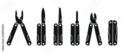 Multitool set vector icons black silhouette, isolated foldable utility knife collection with pliers, saw, screwdriver and wire cutters for camping, construction, repair and survival equipment design.