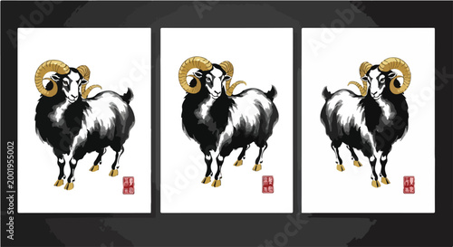 Traditional sumi-e style vector graphic showcasing a majestic black ram with prominent golden horns and hooves.