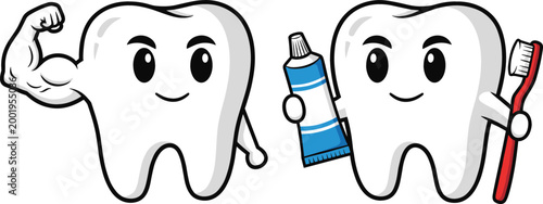 Strong healthy tooth and cute tooth with toothbrush and toothpaste, dental care concept, oral hygiene and dentistry cartoon flat vector illustration