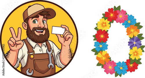 Cartoon Bearded Mechanic Character Holding Blank Card with Floral Wreath Frame for Spring Design Projects and Professional Branding Elements