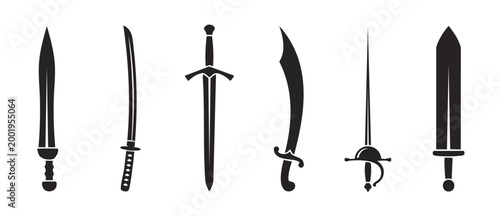 Sword Icons Set, Collection of Different Medieval Weapons, Sharp Blade Silhouettes Isolated on White, Fantasy Warrior Equipment, Historical Sharp Blades Design for Game Graphics and Vector Illustratio