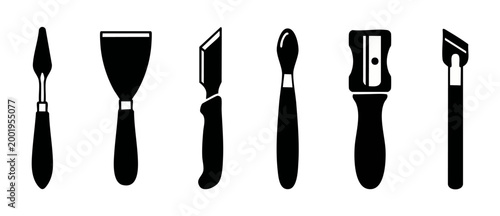 Craft Knife and Sculpting Tool Set Icon Collection for Artistic Modeling and Precision Cutting Tasks, Black Silhouette Vector Symbols Isolated on White Background for Woodworking, Clay, and Graphic De
