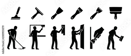 Squeegee and putty knife icon set with construction workers performing repair and cleaning tasks, silhouette vector illustrations for home improvement, maintenance, renovation, and professional buildi