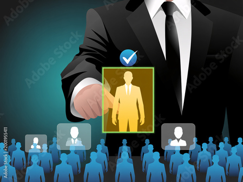 A businessman in a suit selects a candidate from a crowd of people for a job or opportunity