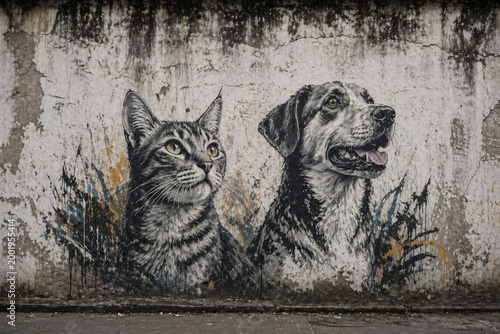 Detailed mural of a tabby cat and a dog painted on a weathered textured concrete wall