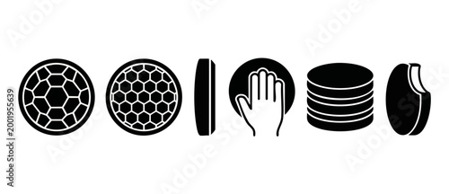 Cookie and Biscuit Vector Icons Set, Round Chocolate Chip Snack Shapes with Honeycomb Texture and Hand Interaction Symbols for Food Industry Branding, Menu Design, and Bakery Web Graphics Illustration