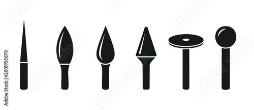 Nail Gun Nails Set Collection, Assorted Industrial Fastener Tips, Construction Hardware Icons for Professional Tooling, Vector Silhouette Icons Isolated on White Background for Carpentry and Engineeri