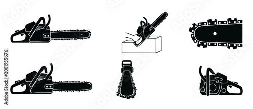 Chainsaw icons set, professional power tool silhouettes for logging, construction and wood cutting tasks. Simple vector graphic collection of forestry equipment in flat black style for industrial desi
