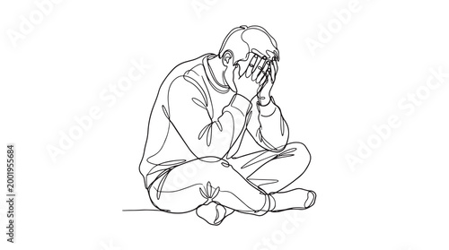 Overwhelmed Man Sitting and Crying with Hands Over Face, a Simple Line Art Illustration Representing Sadness and Distress