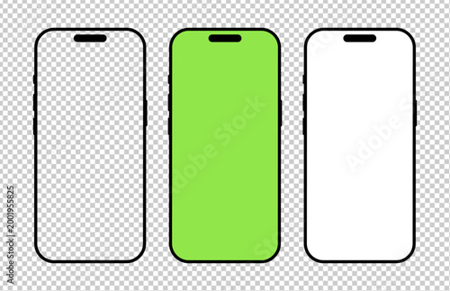 Smartphone frame set. Mobile phone icon with white background. Blank smart phone green screen template. Sign for website design, ui, mobile app. Gadget black symbol. Device front view.