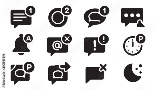 Collection of speech bubble icons and notification symbols including bell alert and time icons.