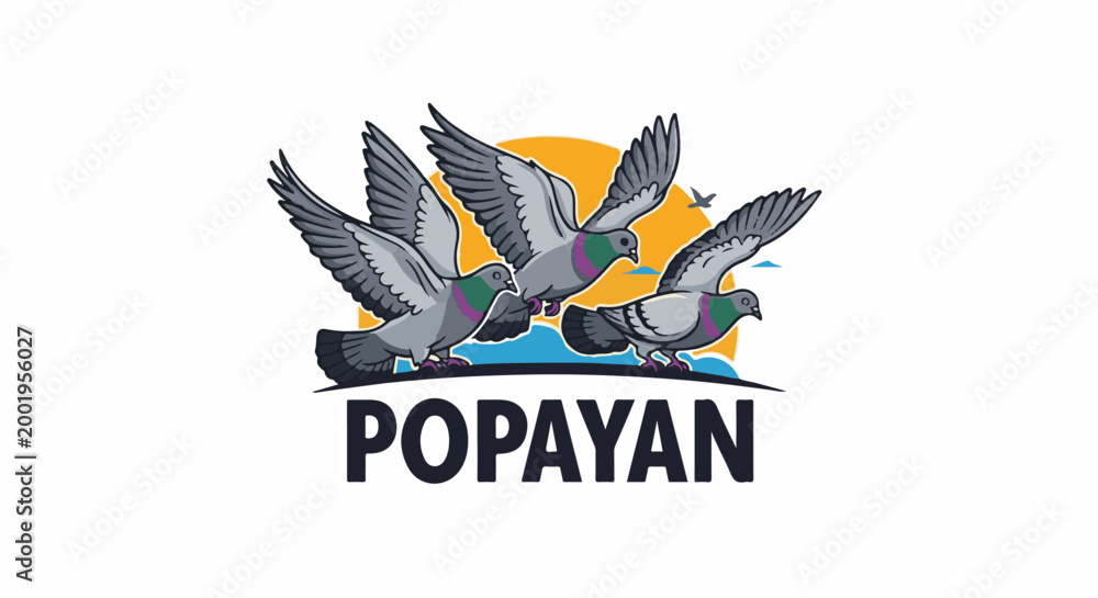Fototapeta premium Three pigeons fly with colorful sun and blue waves below