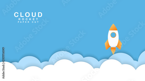 rocket illustration flying over cloud. paper cut. startup concept vector.