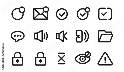 Series of notification message alert warning and sound control icons for mobile or web applications.