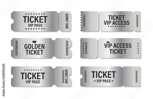 Vip Silver ticket mockup set. Luxury style and silver colors template Tickets Set. For cinema, sale coupon, circus, theater, festival. Minimalist coupons. Isolated background