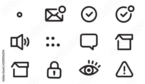 Outline style icons for web and mobile interfaces featuring messaging security and warning symbols.
