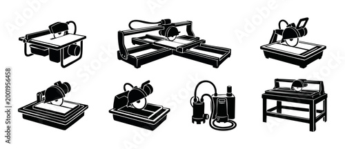 Tile Saw Machine Set Industrial Cutting Equipment Icons for Construction and Masonry Professional Projects, Featuring Diamond Blade Saws and Water Pump Systems in Minimalist Black Vector Silhouette St