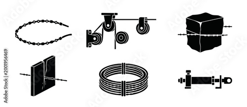 Diamond Wire Sawing Icons Set for Stone Cutting and Construction Equipment, Industrial Quarrying Tools, Quarry Mining Machinery, Marble Granite Slab Processing Vector Illustrations for Engineering Sch