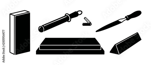 Knife Sharpening Tools Icon Set, Whetstone and Honing Steel Vector Graphics for Kitchen Maintenance and Culinary Blade Care Illustration, Professional Equipment Silhouette Isolated on White Background