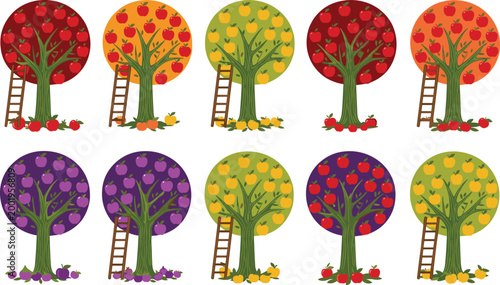Colorful fruit trees with ladders collection, seasonal orchard harvesting scene with apples, plums and oranges vector illustration set