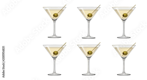 Six Martini Cocktails with Green Olives on White Background