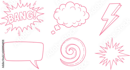 Sketchy comic book speech bubbles and effects in pink tones